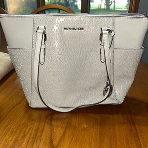 MICHAEL KORS Cream MK Logo Tote with Silver Hardware